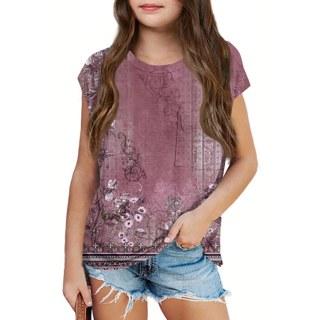 Sommer Rundhals 3D Vintage Floral Bedrucktes Top Modische Lässige Kurzarm Kinder Mädchen T-Shirts