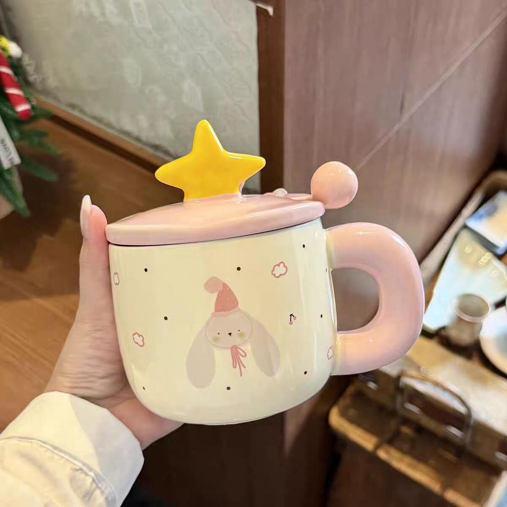 High value mug with lid spoon cute ceramic cup household water cup women's office coffee breakfast cup couple