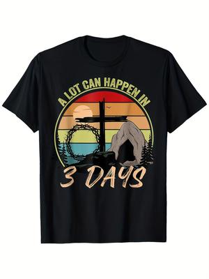 Mens Christian Easter Tshirt Retro Many Things Can Happen In 3 Days Jesus Resurrection Design with Cross and Empty Tomb