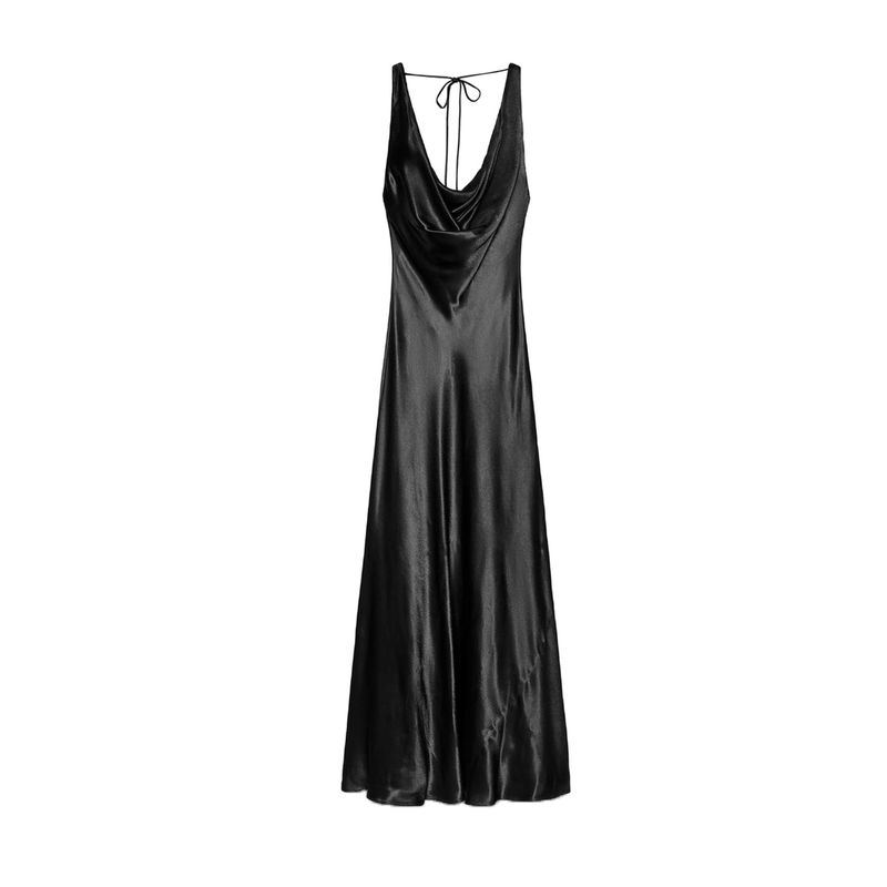Summer Women's Clothing A- Line Asymmetric Hem Draped V Neck Silk Satin Texture Sling Dress 2590934