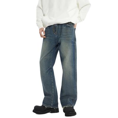 New Autumn Wash Furrowed Denim Trousers for Men's High Street Blue Trousers