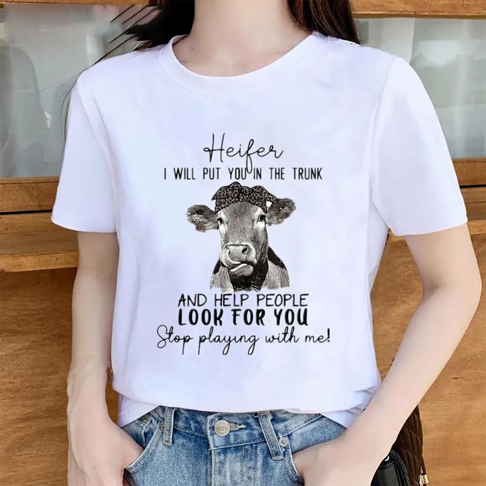Womens Animal Print Bull Head round Neck Short Sleeve Tshirt Heifer Graphic Top Fashion Summer Casual Wear S