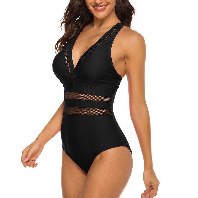 Sexy Swimwear Women One Piece Swimsuits Solid Mesh Bathing Suits Cross Back Beach Wear