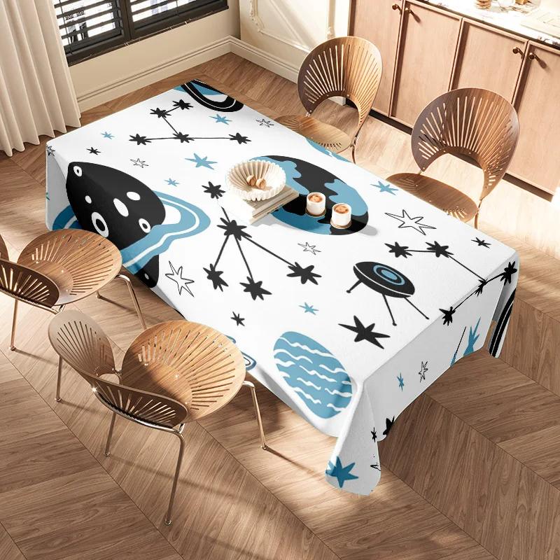 Modern Space Pattern Dining Tablecloth Blue Black Colorful Design for Home Decoration