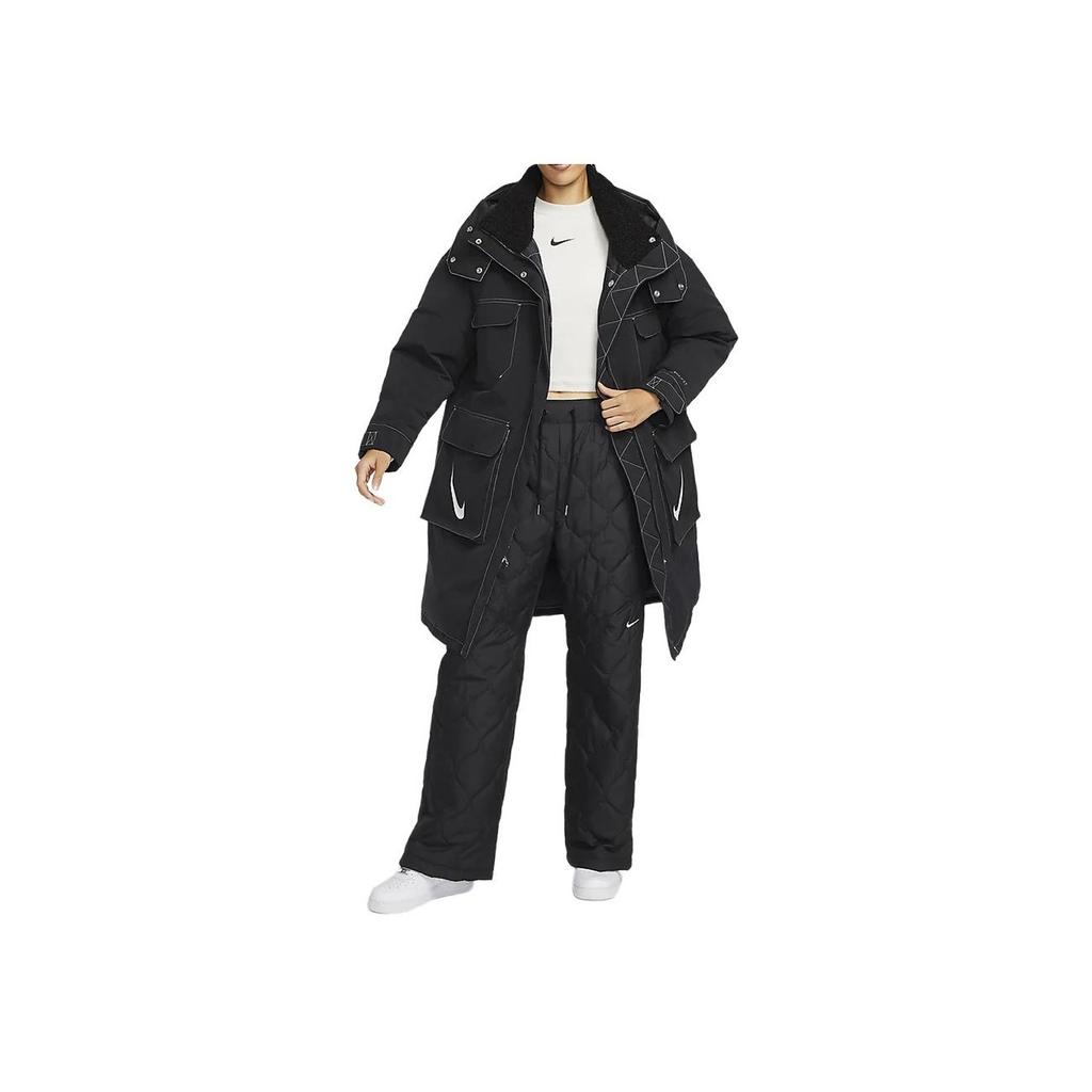 Nike Solid Color Hooded Multi-Pocket Loose Casual Mid-Length Down Jacket Women Outerwear Black FV8167-010