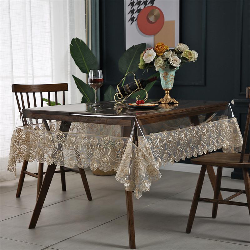 Pvc Tablecloth Rectangle Waterproof Transparent Round Dining Table Cloth Soft Champagne Lace Embroidered Oil -Proof Table Cover