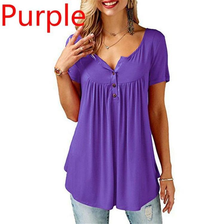Ladies Casual Women Blouse O Neck Shirts Loose Elastic Short Sleeve Tunic Button Top