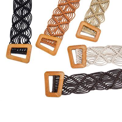 Spring and Summer New Ethnic Style Bohemian Wax Rope Hollow Braided Belt Pure Handmade Wooden Buckle Braided Belt for Women
