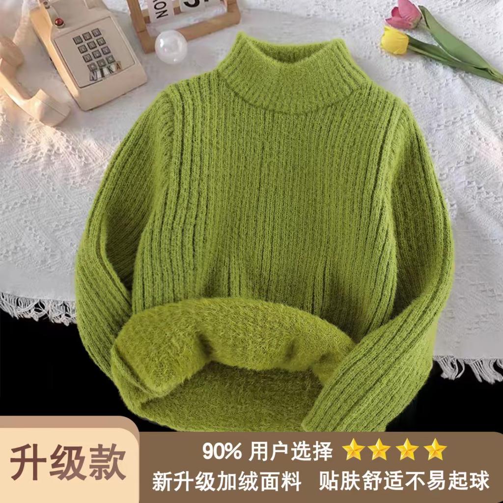 Kids Fleece Lined Thick Knit Sweater Autumn Winter Korean Solid Base Layer Top For Boys And Girls