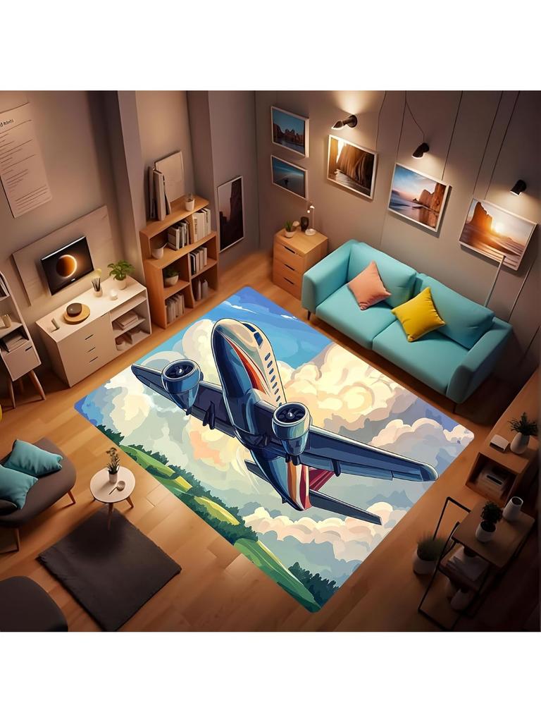 Soft Airplane Area Rug, Area Foldable Rectangular Rug, Cartoon Airplane Print Rug, Washable Rug with Rubber Non-Slip Rug