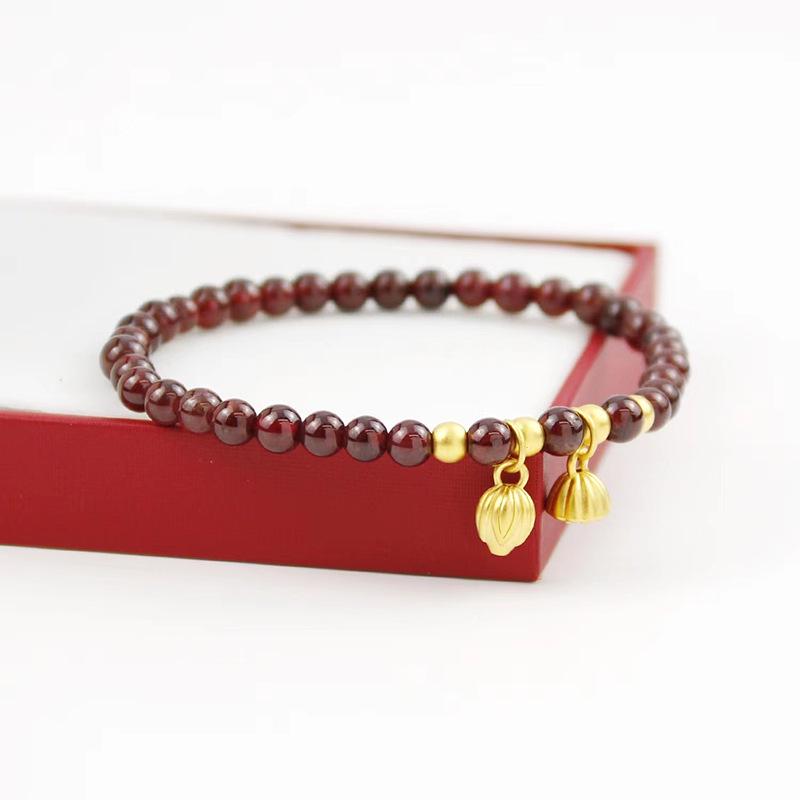 Festive Red Garnet Lotus Bracelet with Lotus Seed Pod Pendant
