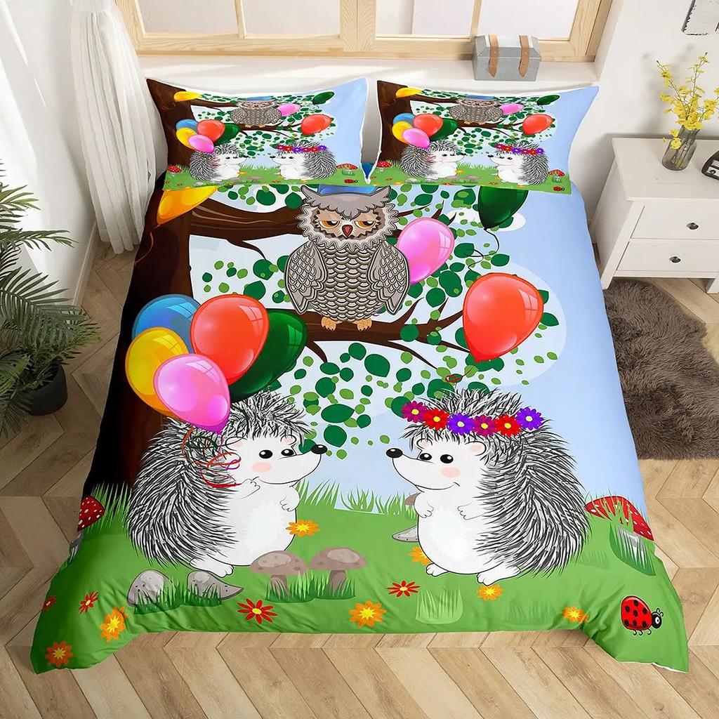 Owl King Queen Duvet Cover Adorable Funny Cartoon Animal Bedding Set for Kids Boy Colorful Wildlife 2/3pcs Polyester Quilt Cover
