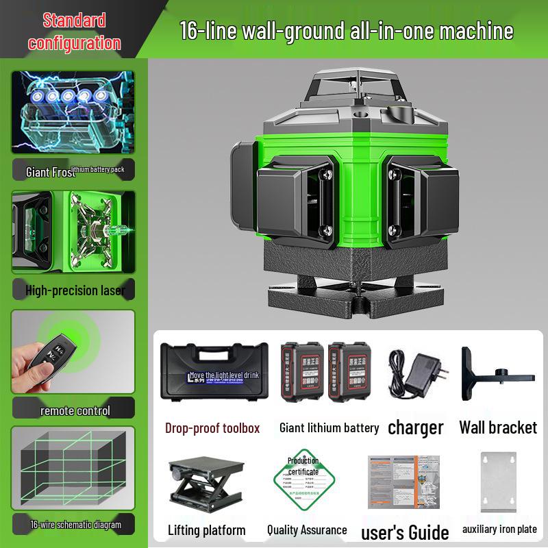 High-Precision Laser Level with 12-Line Green Infrared and Heavy-Duty Spirit Level