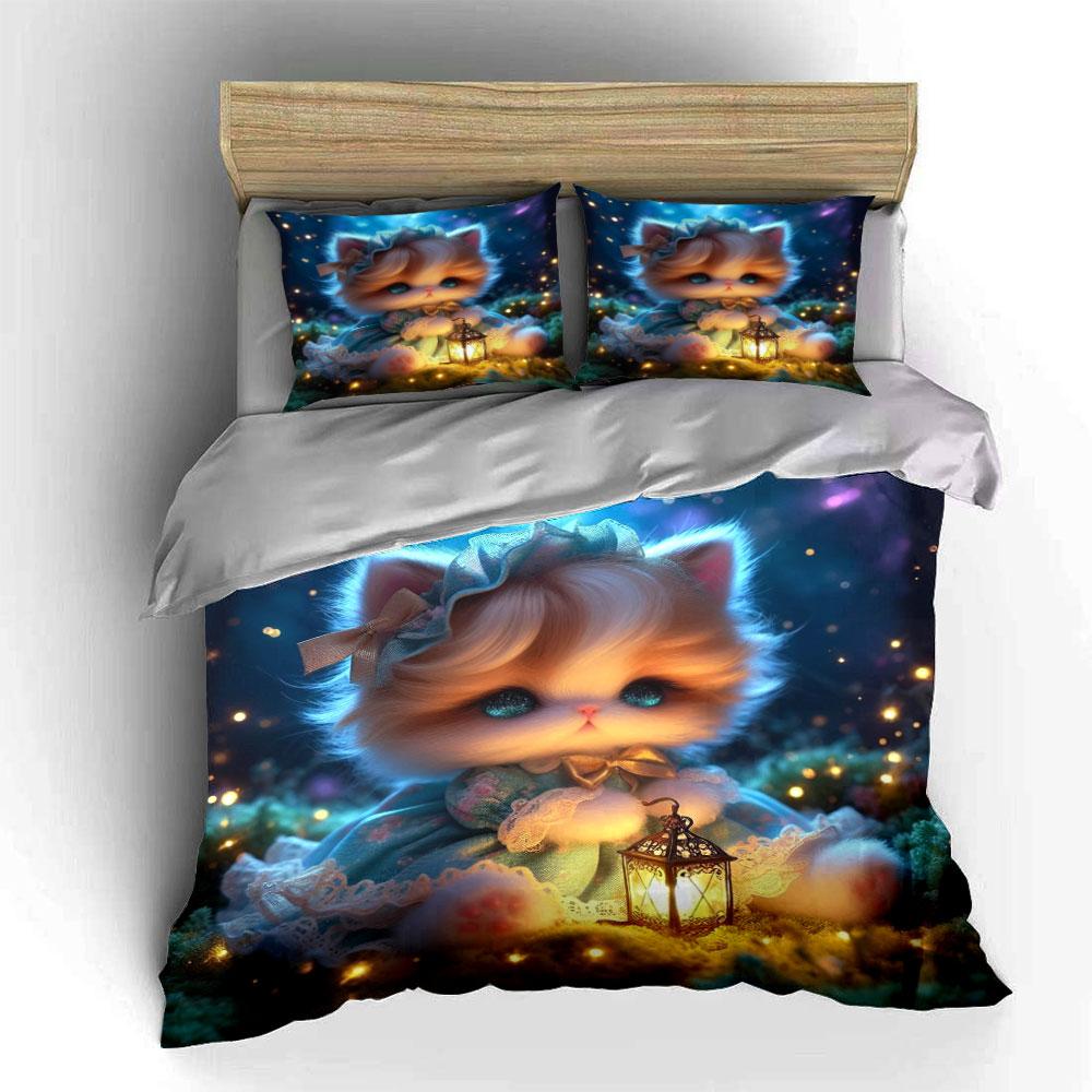 Adorable Cat With Lantern Magical Forest Duvet Cover Set With 3D Printing Design Soft Polyester Bedding Set All-Season Comfort