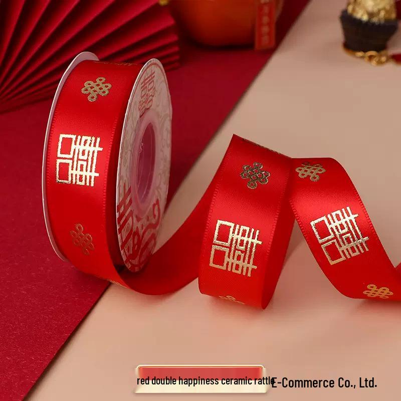 Wedding Dowry Quilt Binding Red Satin Double Happiness Ribbon
