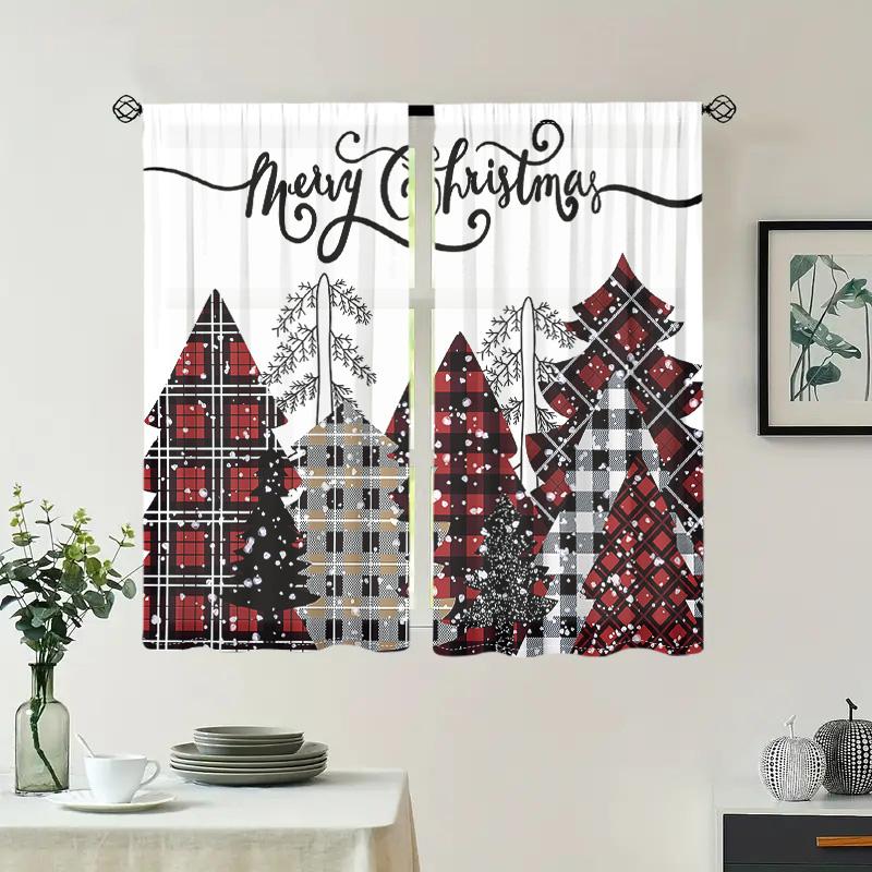 2 Pieces, Merry Christmas Red Buffalo Grid Tree and Snow Forest Farmhouse Curtains - Living Room Bedroom Home Decoration