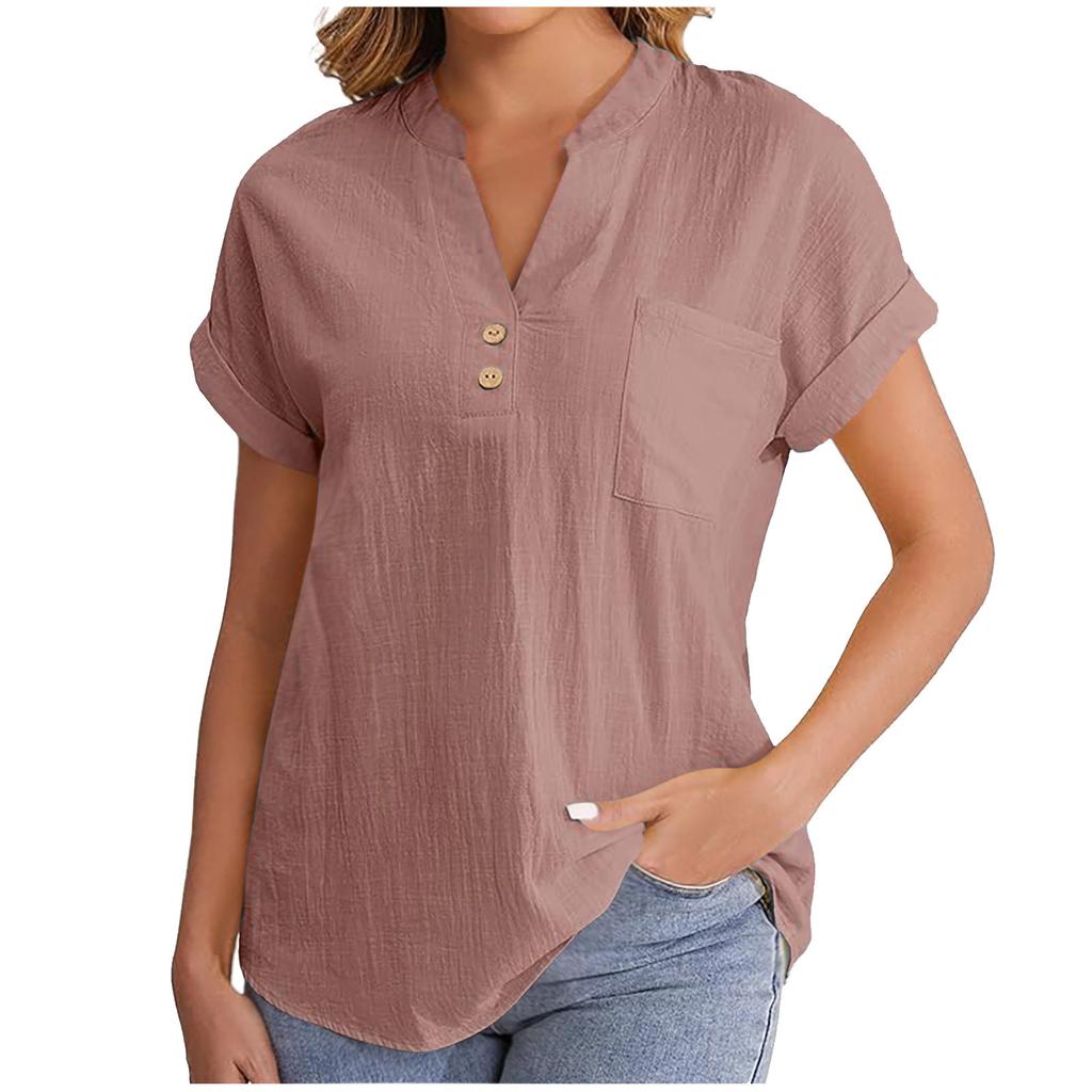 Women's Solid Color V-neck Short Sleeve Button Shirt In Breathable Cotton Linen with Washed Wrinkle, Fashionable European/American Style
