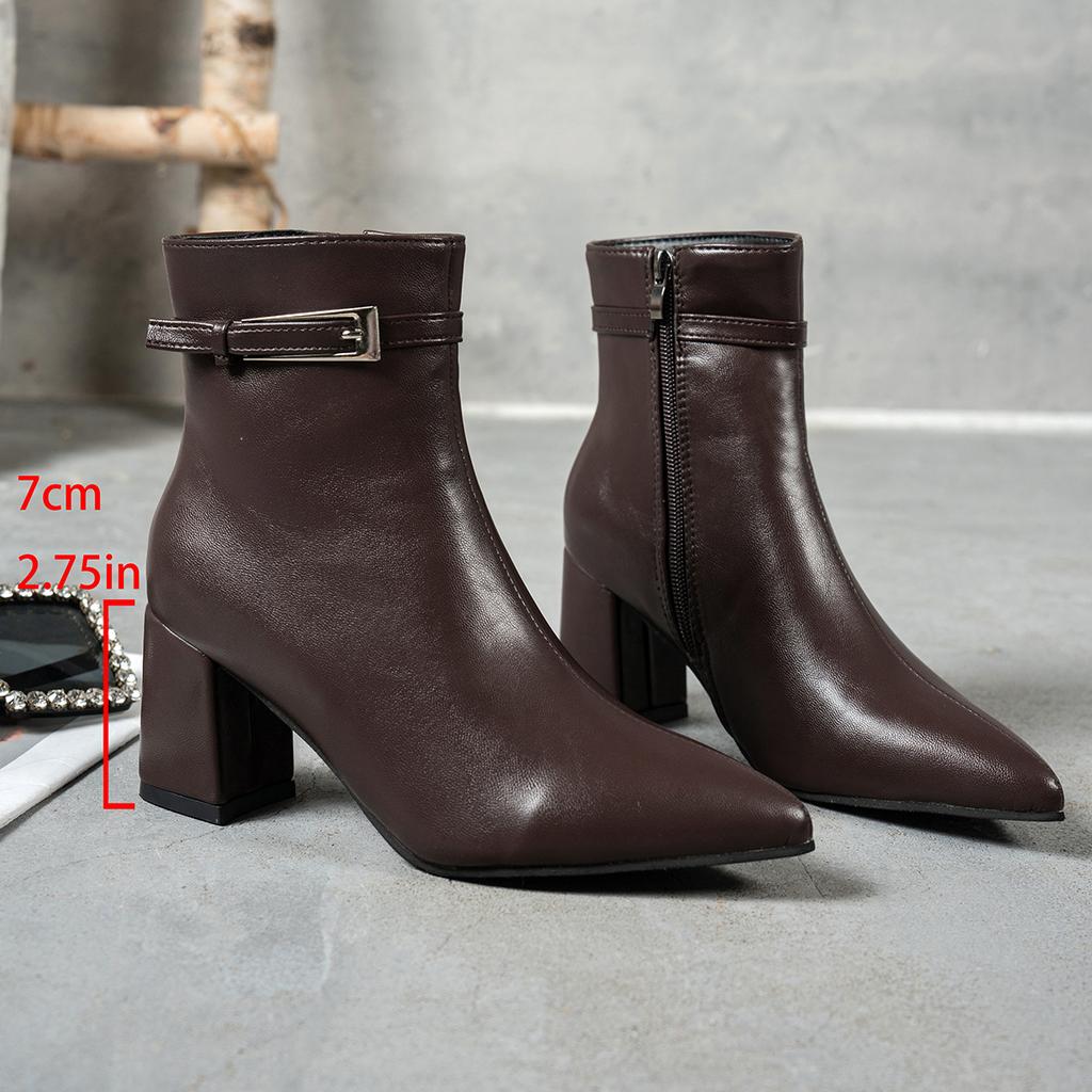 Autumn Pointed Head Thick Heel High Heel Fashion Short Boots Women's Belt Buckle Side Zipper Temperament Women's Boots