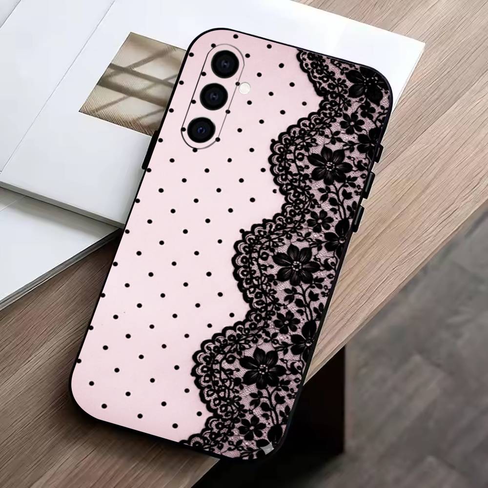Elegant Black Lace Print Design Phone Case For Samsung Galaxy A73,A72,A71,A70,A53,A52,A51,Others Soft Black Cover