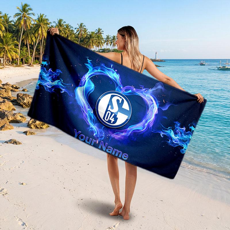 Schalke 04 FC Custom Beach Towel, Personalized Name Text Print, Football Logo Soft Quick‑Dry Towel Holiday Gift