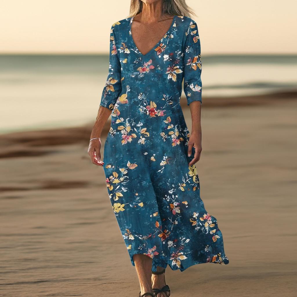Dresses For Womens Vintage Print Tunic Waisted Midi Dress Summer Casual  3/4 Sleeve Dress