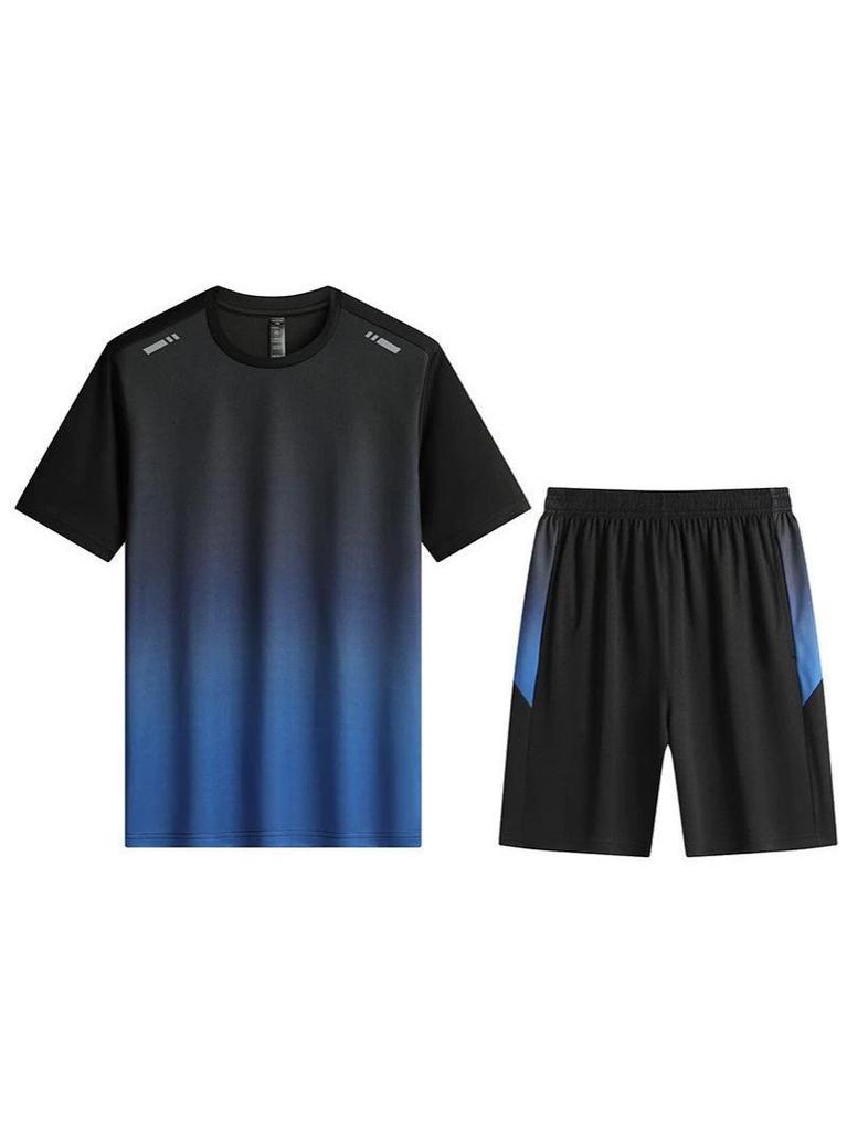 Men's Gradient Quick-Dry Sports Suit - Summer Breathable Fitness Set with Short Sleeve & Shorts