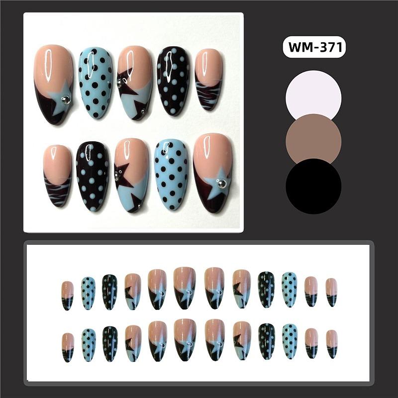 24Pcs Y2K Blue Star Almond Press On Nails Black Polka Dot French Tip Full Cover Fake Nails Sweet Cool Manicure