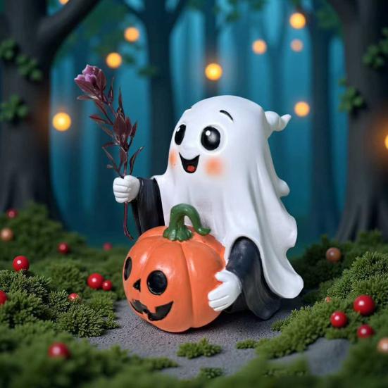 Halloween Ornament Ghost Holds Pumpkin Shape Realistic Pattern Sculpture Haunted House Fireplace Decor
