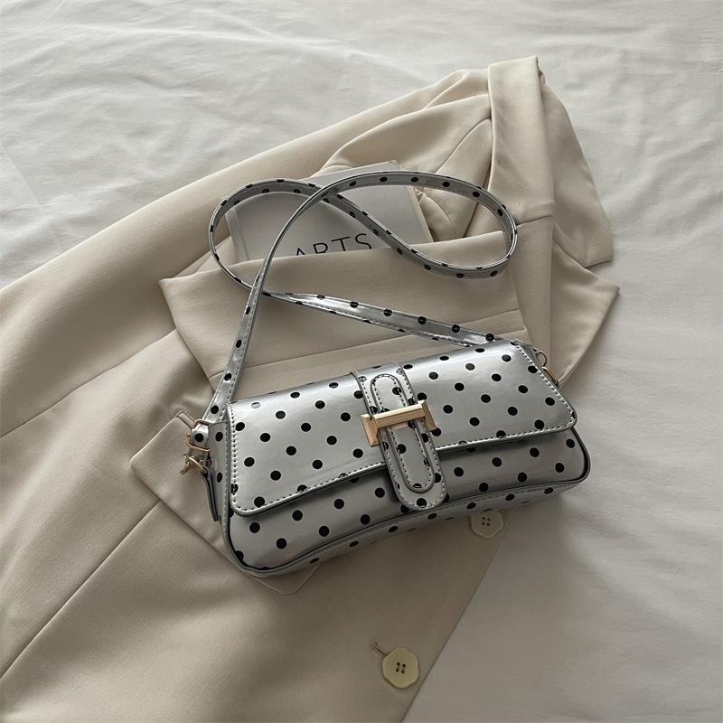 French Retro Polka Dot Underarm Bag Women Versatile Shiny Small Shoulder Baguette Bag
