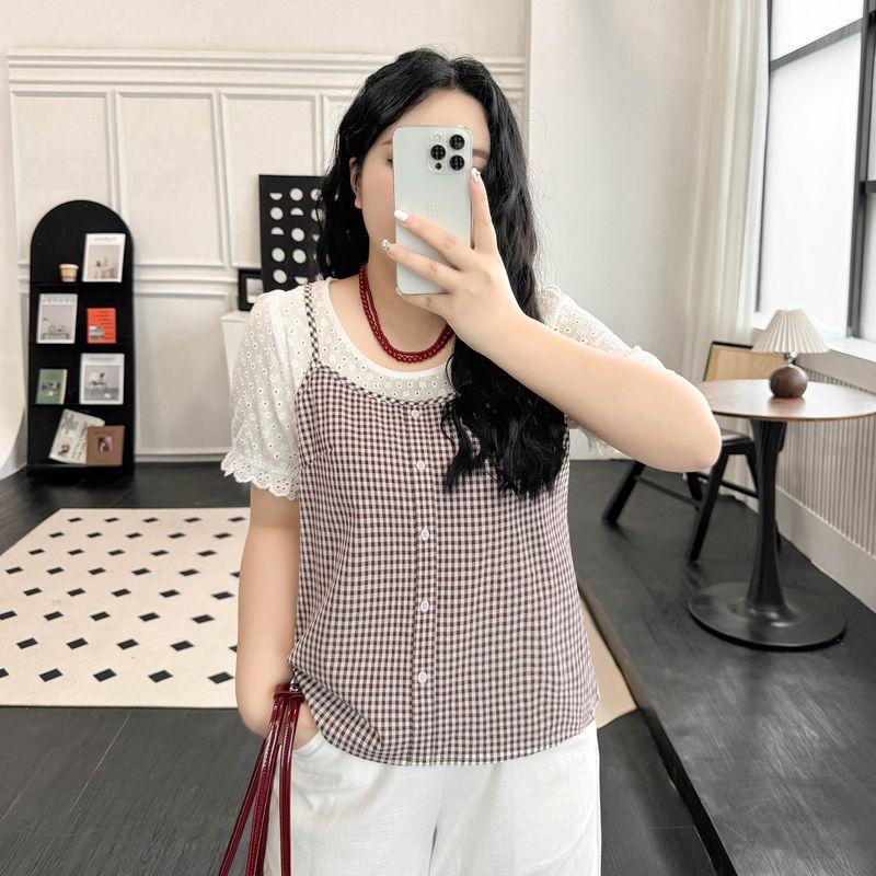 

Plus size women clothing [Korean Series Sweet Shirt] Fake Two Pieces Plaid Patchwork 100.00kg Summer Chubby Girl Short sleeve Top Cafe Spell White 6XL