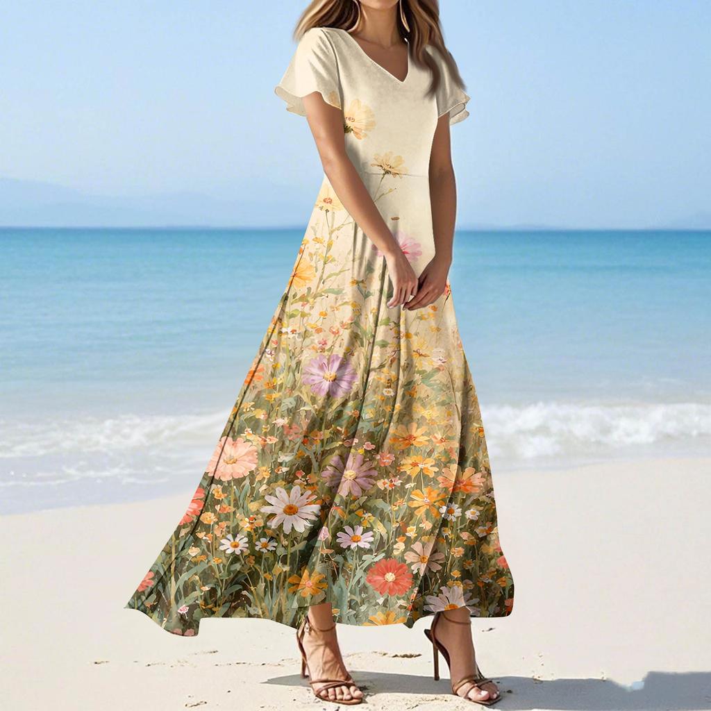 Kadın Yaz Günlük Moda Baskılı Renkli Elbiseler V Yaka Kısa Kollu Elbiseler