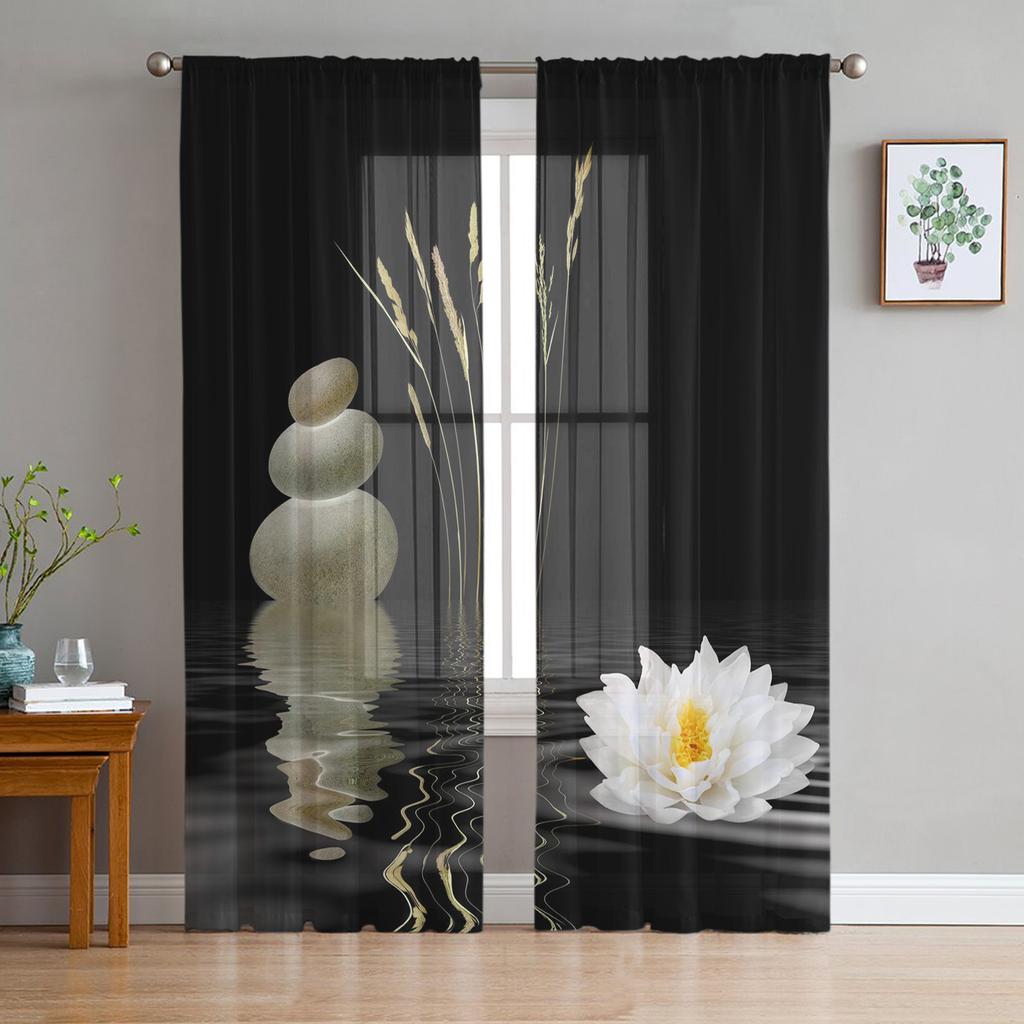 Zen Stones Orchids Flower Green Bamboo Tulle Curtains for Living Room Bedroom Decor Transparent Sheer Voile Window Curtain