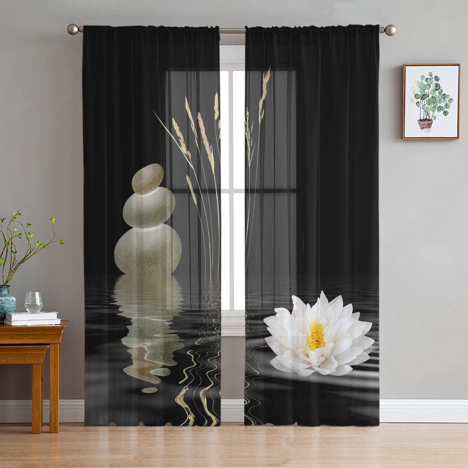 Zen-Steine Orchideen Blume Grüner Bambus Tüll Vorhänge ideal für Wohnzimmer Schlafzimmer Raumdekoration Klar Transluzent Voile Fensteröffnung Vorhang 1 PCS W100XH250cm&Grommet Top gray