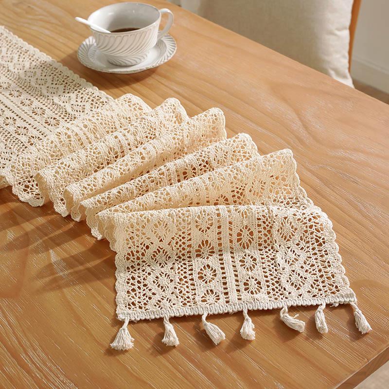 Bu Papa Beige Tassel Crochet Table Runner - American Retro Wave Tea & Dining Table Mat