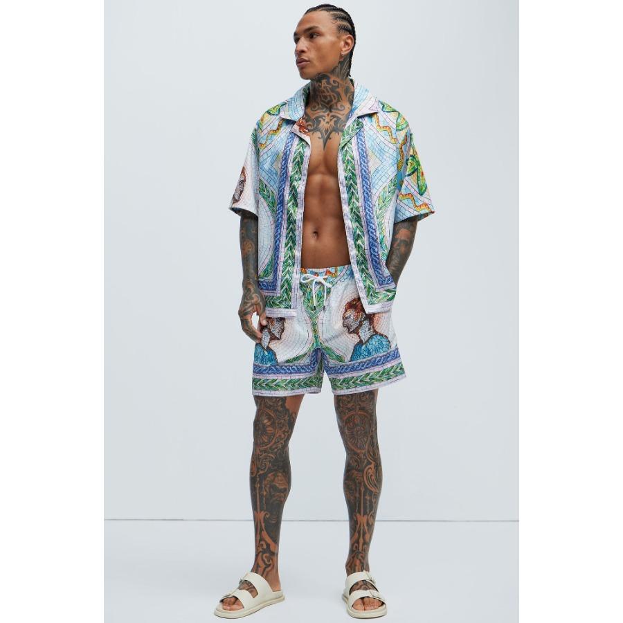 Heren Strand Overhemden met Korte Mouwen en Korte Broeken Set met Mozaïek Portret Tegelkunst All-Over Print M gray