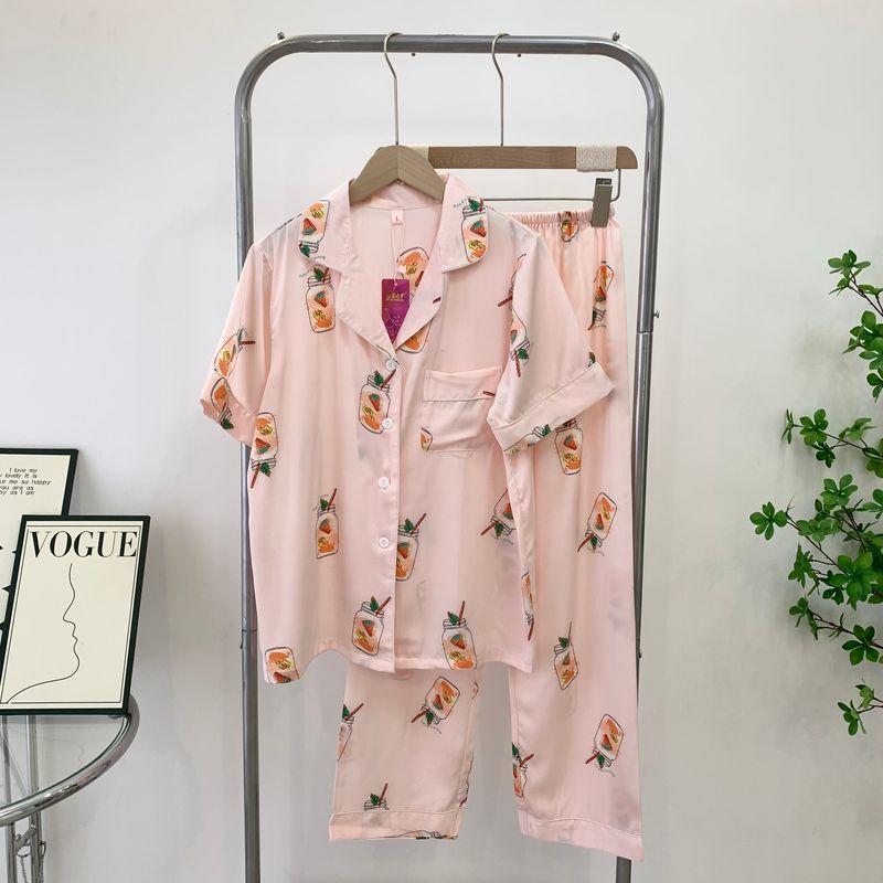 

Summer Women s Pajamas Short-Sleeved Pants Thin Silk Suit Sweet Cute Cartoon Printed Homewear Two-piece Set Light pink XL