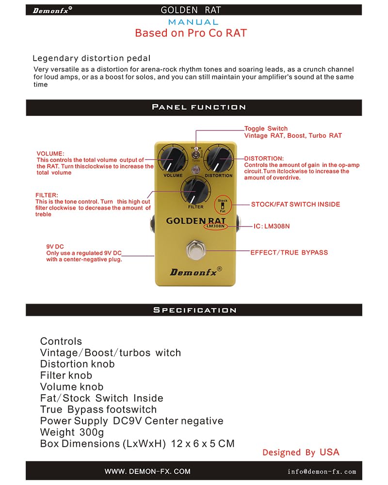 Demonfx GOLDEN Distortion Guitar Effector RAT/Distortion