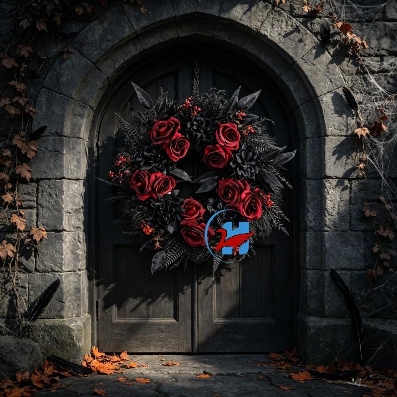 Halloween Wreath Decor Front Door Hallway Plastic Ghost House Theme Party Decoration With LED Lights