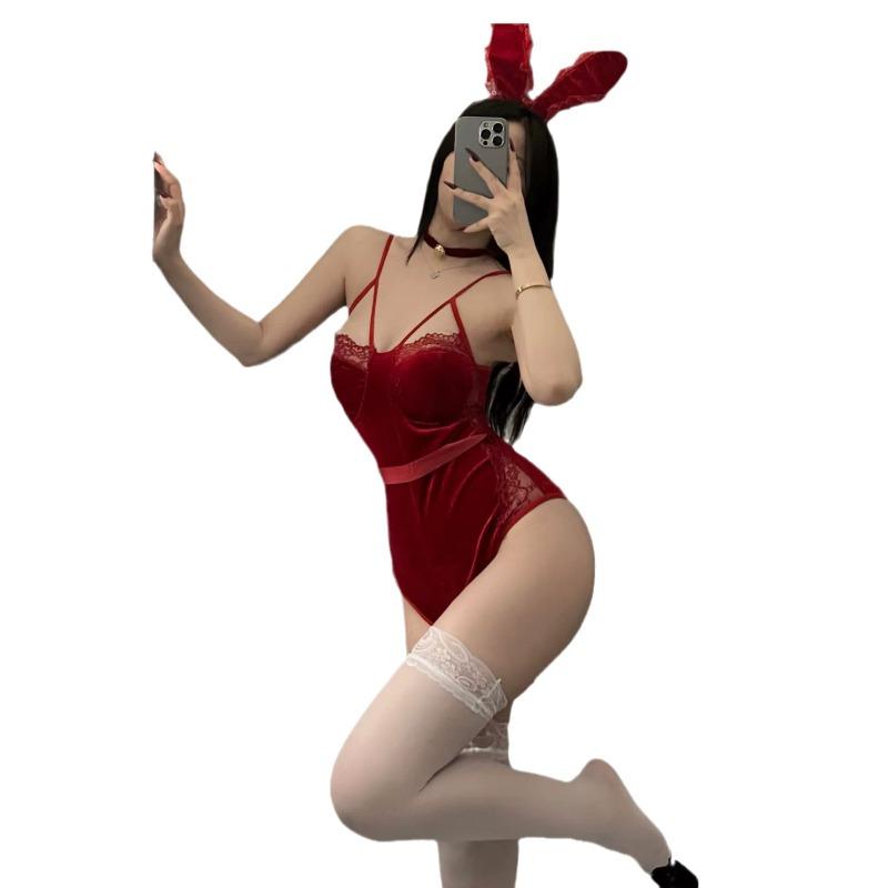 Pure lust babes sexy deep low cut bunny uniform cosplay lingerie velvet suspender onesie