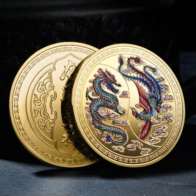 Drache und Phönix verheißungsvolle Gedenkmünze, Drachen- und Phönix-Beschichtung mit Gold und Silber, chinesische verheißungsvolle Kultur-Gedenkmedaille als Geschenk