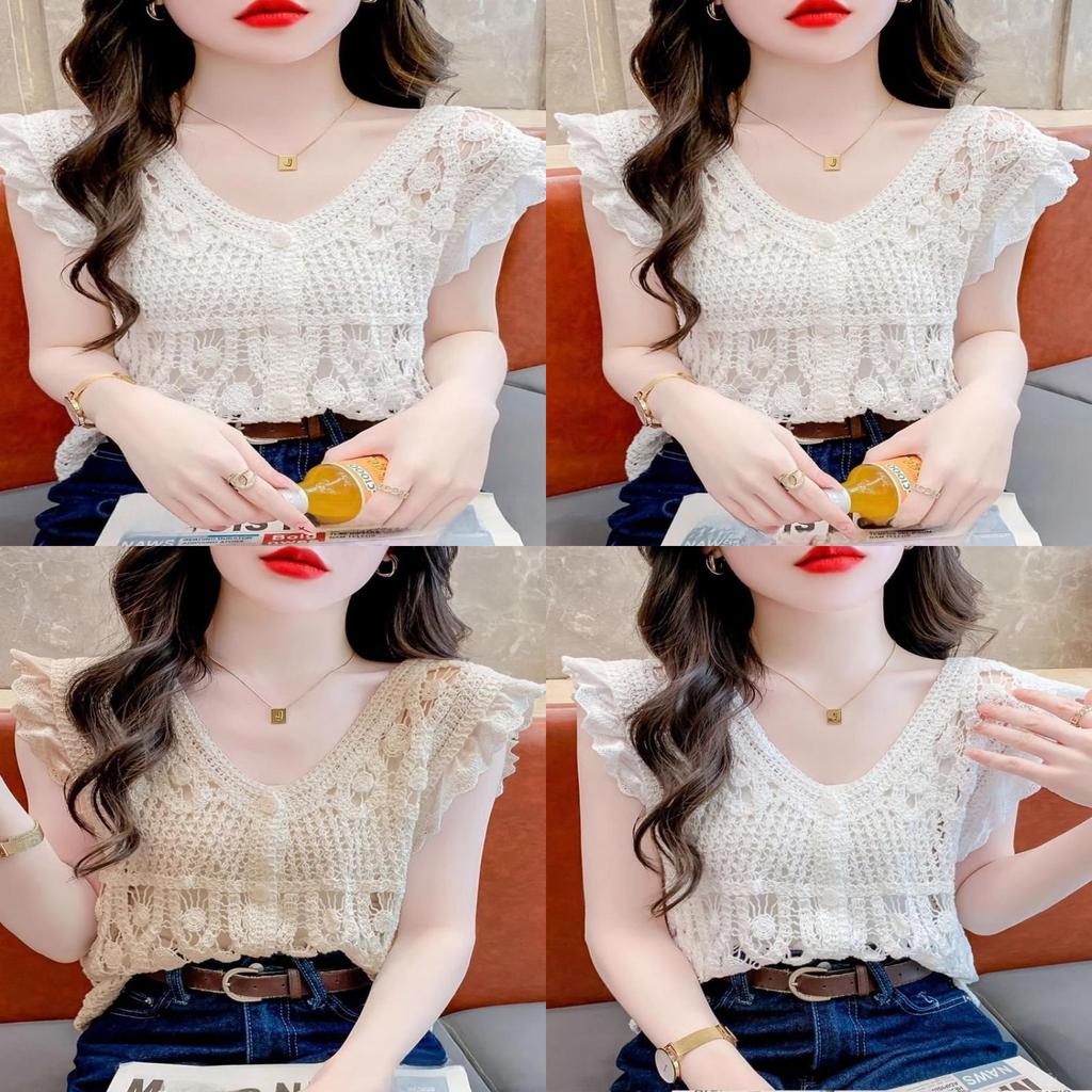 No Ip Included Knit Top For Women With Hollow Out Design And Princess Sleeves For Summer Fashion