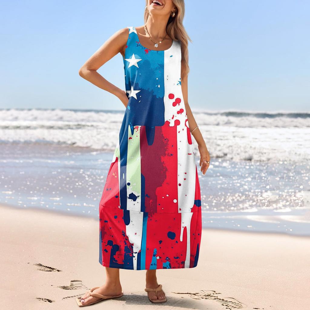 Women's Casual Long-length Sundress Summer Beach Dress Round Neck Sleeveless Loose Sundress