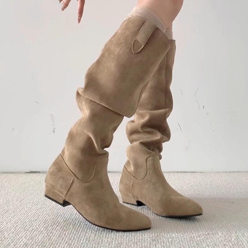 Long Boots Women Suede Heeled Shoes Designer Dress New Knee High Boots Woman 2025 Casual Goth Chelsea Botas Para Mujer