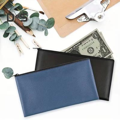 Faux Leather Pencil Pouch Zippered Money Cash Pen Case Secure Bank Bag for Coins Bills Checks Invoices Cosmetics Tools