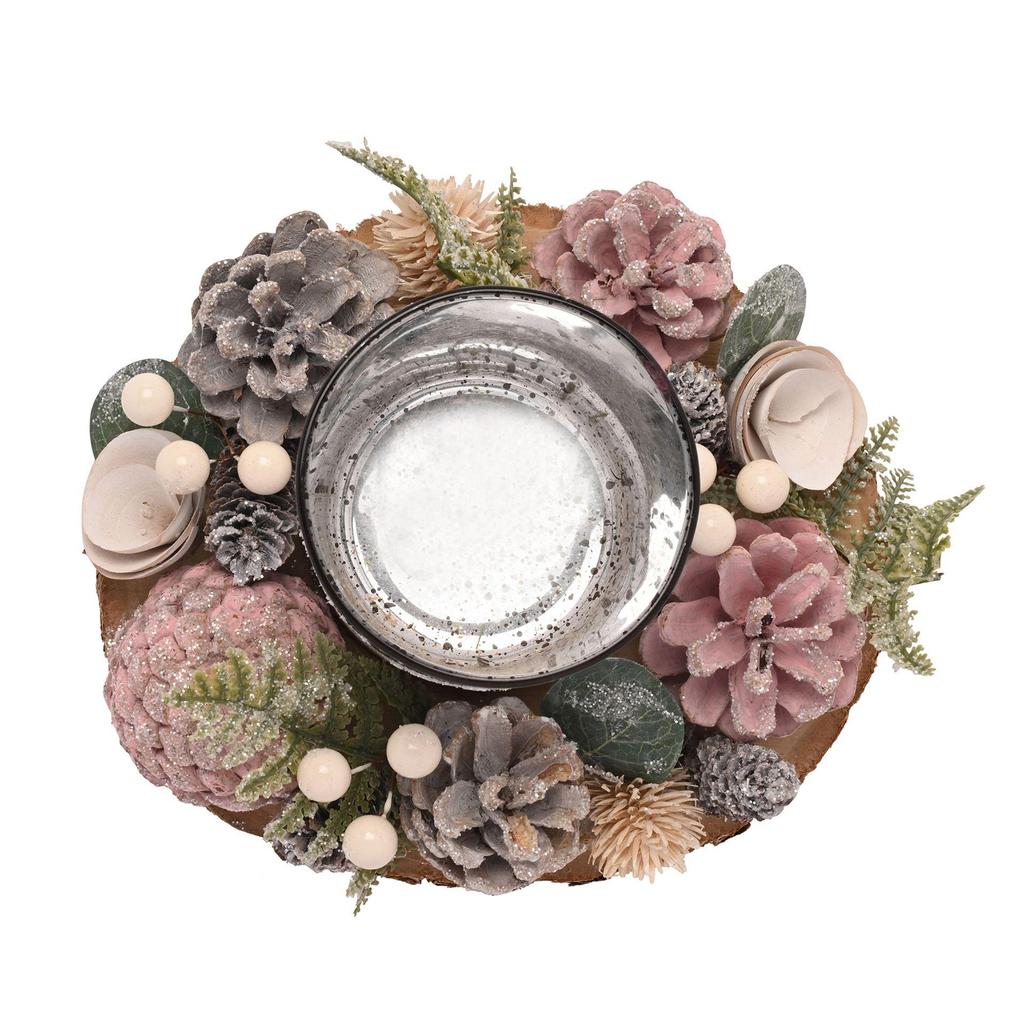 Blush Pink Foliage Mercury Glass Candle Holder On Log Slice Board