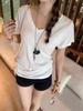 WhiteV-Neckshort Sleeve T-Shirt Women's Casual Loose-Fit Waist-Fitted Top Korean Style Polyester Fiber Summer Clothing