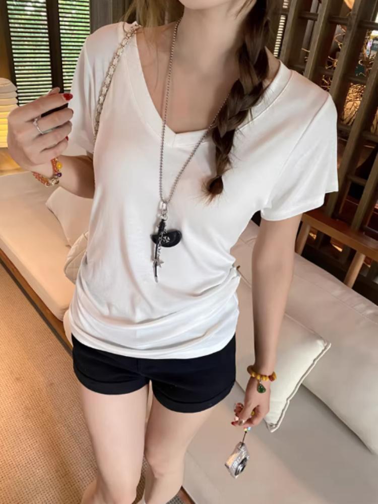 WhiteV-Neckshort Sleeve T-Shirt Women's Casual Loose-Fit Waist-Fitted Top Korean Style Polyester Fiber Summer Clothing