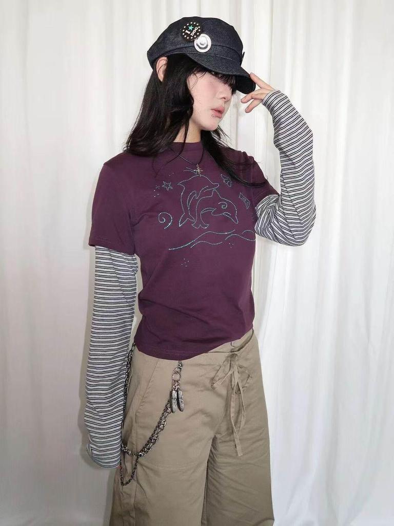 Women's Striped Faux Two-Piece Long-Sleeve Y2K Purple Top for Autumn/Winter
