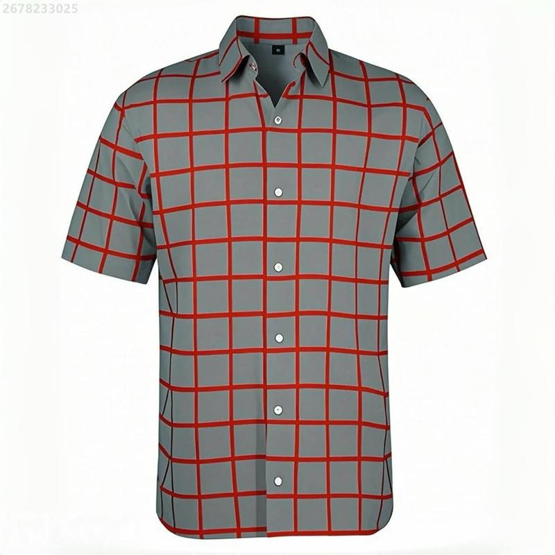 Men's shirt short-sleeved shirt Hawaiian style red and blue plaid lapel casual breathable non-iron vacation street wear XS-6XL