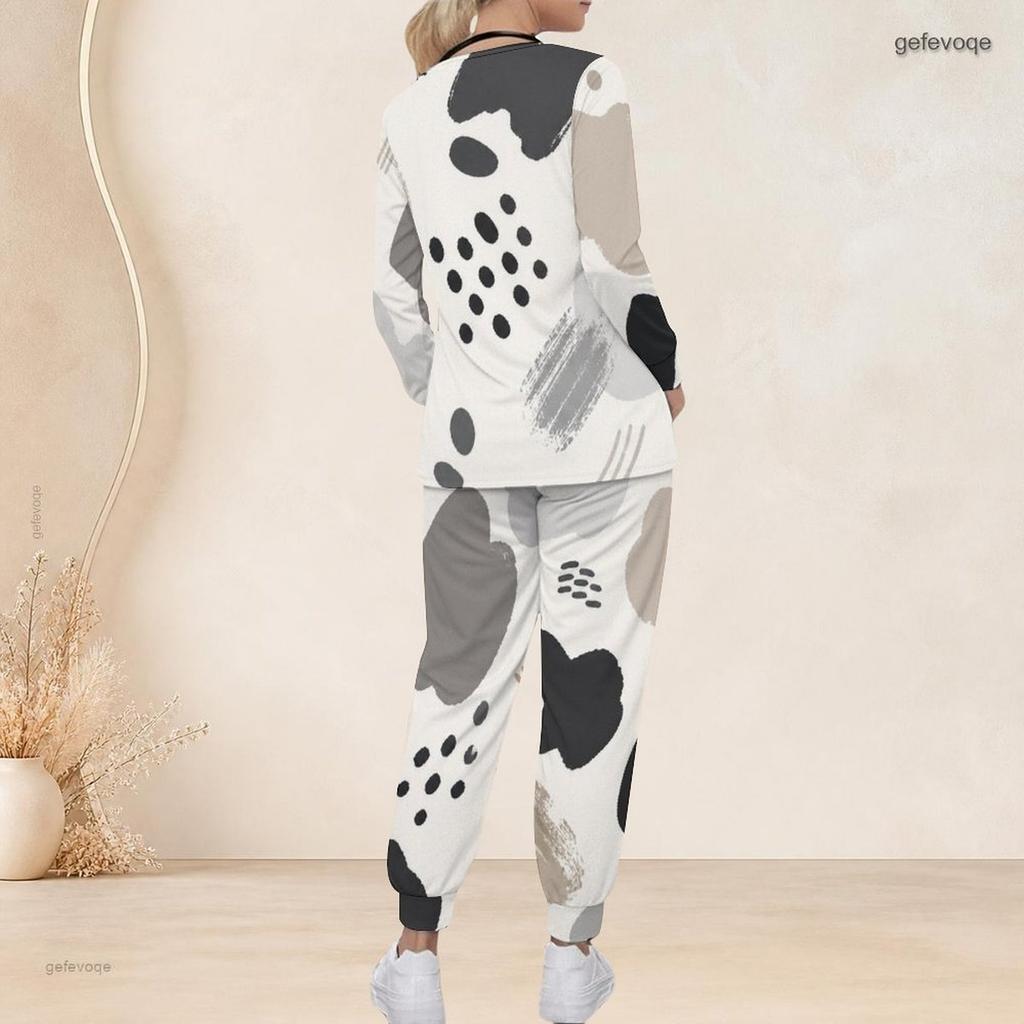 Women Plus Size Abstract Printed V Neck Long Sleeve Nurse Scrub Set With Pockets Two Piece